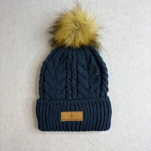 NWT! Locale "Yellowstone Club" Navy Blue Cable Knit Pom Pom Beanie Winter Hat